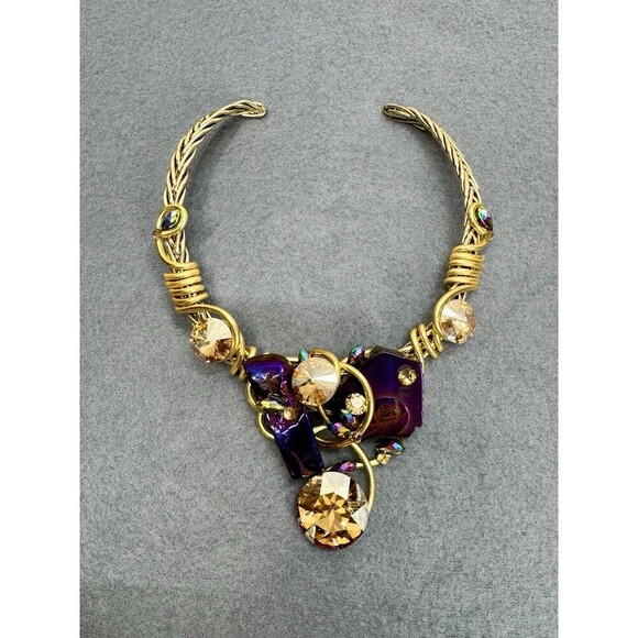 Rhinestone Statement Necklace Choker Collar Braided Rope Cable Purple Gold Gems - Picture 1 of 8